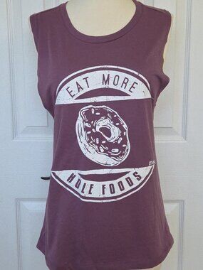 PURPLE GRAPHIC TANK TOP EAT MORE HOLE FOODS DONUT